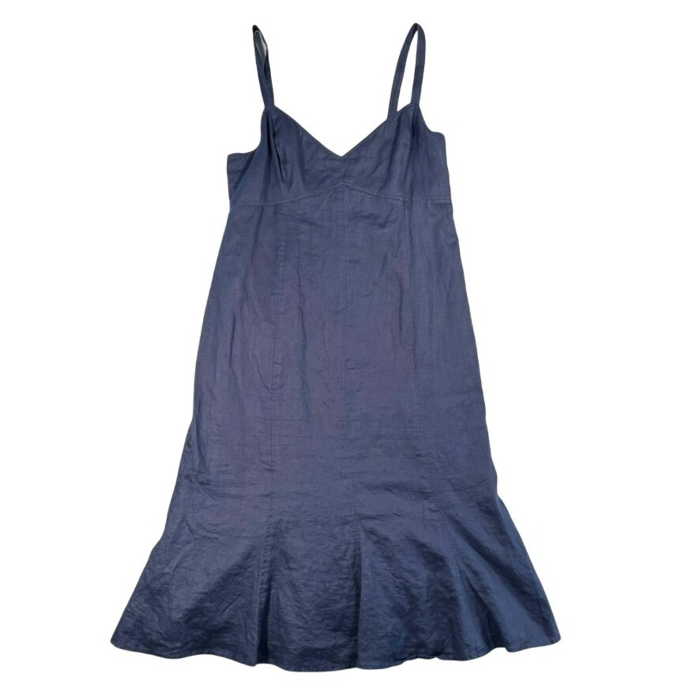 Lauren Ralph Lauren Linen Midi Sun‎ Dress 14 Womens Navy Blue V-Neck Flounce Hem